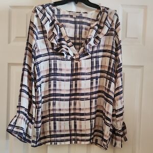 LOFT Navy and Pink Plaid Ruffle Blouse